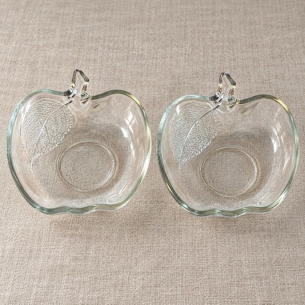 Set of Two Clear Glass Apple Bowls with Embossed Leaves, Malaysia Dessert Dishes